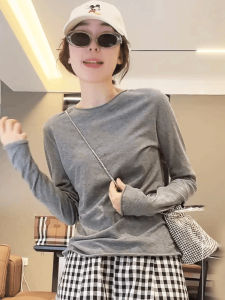 Slim Fit Grey Long Sleeve T-Shirt Womens Early Autumn Thin New Style Base Layer Shirt Spring Commute Style round Neck Top
