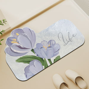 Rubber bathroom anti-slip floor mat water-absorbing quick-drying floor mat oil painting pinkish purple tulip printed door mat