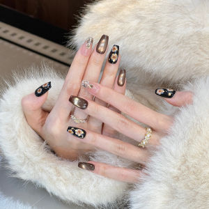 Original Color Brown Series Golden Flower Cat Eye Nail Wear 2025 New High-End Autumn Winter Wedding Photography White Nail