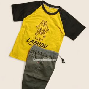 Paket Hemat 2pcs Setelan Anak Kaos Reglan & Chino Nyaman Dipakai Bahan Katun Combed 30s