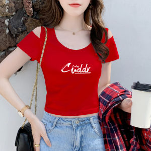 Áo Thun Nữ Tay Ngắn Hở Vai Màu Đỏ Mùa Hè 2022 Cổ Tròn in Chữ Cotton 95% Co Giãn Thường Ngày Thời Trang Công Sở