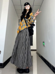 Korean Style Plaid Long Dress Set Womens Autumn Winter Elegant Unique Personality Skirt Suit Cotton Polyester Spandex A-Line Skirt
