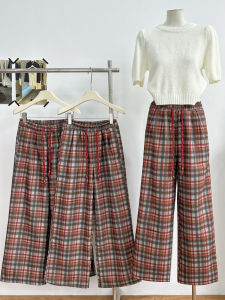 Thickened Woolen Plaid Christmas Party Lazy Style Retro Checkered Pants Women Winter Versatile Casual Pants Wide Leg Straight Tube