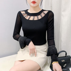 Yimei 2025 thời trang mùa xuân lưới cổ tròn kim cương nổi bật màu đen phía trên phong cách phương Tây mới viền lá sen Áo Thun Tay áo dài cho nữ