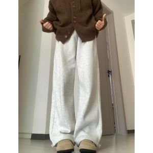 กางเกงวอร์มผู้หญิงสีขาวเทา ทรงหลวมเอวสูง ทรงหลวม กางเกงขายาวผ้าขนแกะ ทรงหลวม กางเกงขายาวทรงหลวมสำหรับฤดูใบไม้ร่วงและฤดูหนาว