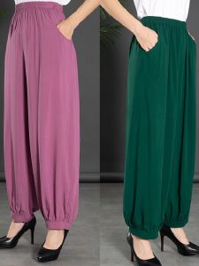 กางเกงลำลองผ้าไหมคอตตอนลายลูกไม้ป้องกันยุงสีพื้นสำหรับฤดูร้อน กางเกงขายาวทรงหลวมสำหรับใส่ไปชายหาด กางเกงขายาวเอวสูง ทรงหลวม ไซส์ใหญ่