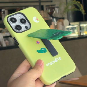 Evenshow 2024 New High-End Film Phone Case with Stand Suitable for  15 Series 16Promax 14Plus 13 Protective Cover Cute Cartoon Green Crocodile Design