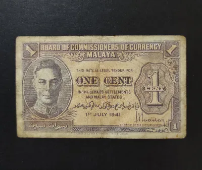 Malaya British Borneo Old Banknote King George VI 1 Cent Year 1941 ( Circulated Original Condition - No Holes and No Tear)