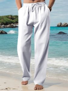 Mens Casual Long Pants Summer Loose Breathable Beach Pants Solid Color Drawstring Elastic Waist Male Trousers