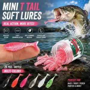 Mini T Tail Soft Fishing Lures 20PCS Bottle Worm Bait Micro Grub Swimbait Freshwater Saltwater Rock Fishing Tackle Kit Set Gear
