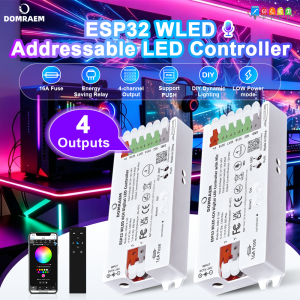 DOMRAEM ESP32 4 Output WLED Controller 16A Fuse & Level Shifter Sound Sync Compatible with WS281x Digital RGB IC LED Strip Light