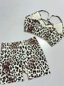 New Leopard Print Seamless Yoga Fitness Set Womens Quick Dry Training Sports Wear Running Shockproof Five-Quarter Pants