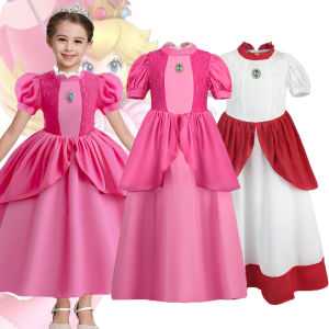 Super Mario Cosplay Costume For Kids Girl Mario Princess Peach Dresses Birthday Party Princess Dress【Without Crown】