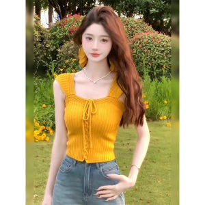 chaqi | Yellow Knitted Strap Vest Womens Summer Outdoor Design Slim Fit Short Sleeveless Square Collar Top Fashionable Commute Style