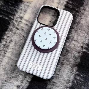 Korean Striped Bowknot Bracket Magnetic Phone Case For iPhone 17 12 13 mini 11 14 15 16 Pro Max Shockproof Protective Hard Cover