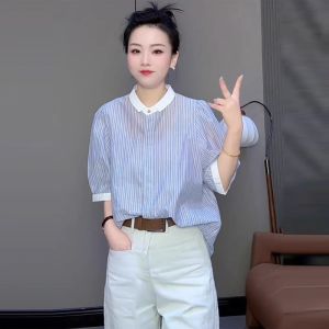 High-end New Summer Striped Spun Silk Five-sleeve Shirt