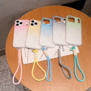 2-in-1 jelly gradient color magnetic hard case for iPhone 11 12 13 14 15 16 17 Pro Max casing Hanging rope frosted anti fingerprint magnetic protective cover for iPhone13 case