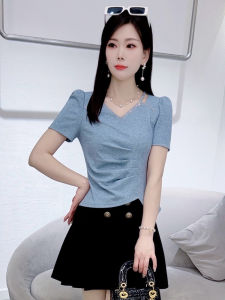 Summer 2025 Womens Short Sleeve T-Shirt Drawstring Design Slimming Short Length Rhinestone Waistband Korean Style Commute Fashion