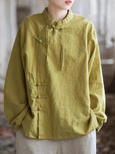 Artsy Retro Cotton and Linen Shirt Womens Spring & Fall National Style Shoelace New Chinese Style Loose Diagonal Chinese Knot Button Top Zen Tea Gown