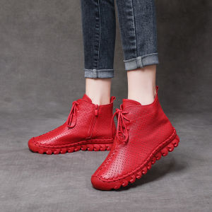 รองเท้าบูทมาร์ตินสีแดงสด หนังแท้ นุ่ม หัวเข็มขัด ฤดูใบไม้ร่วง/ฤดูหนาว รองเท้าส้นเตี้ย ทรงหัวมน สำหรับผู้หญิง