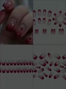 24pcs/Set Short Medium Square Fake Nails Gradient Red Glitters with Heart Design for Valentines Day Wedding Press On Nail Art