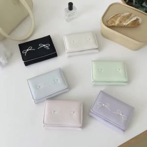 Cute Bow Short Folding Wallet Korean Style Handheld Waterproof Money Bag Coin Purse Japanese Female PU Leather Photo Card Holder