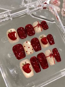 Handmade Wearable Nail Art Christmas Cat Eye Butterfly Sparkling Diamond White Enhancing Red Wine Color Autumn Winter High End Nail Tips