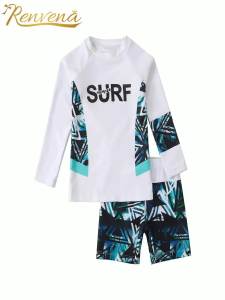 Kids Boys Swimsuit Outfit Long Sleeve Two Piece Geometric Pattern Print Top Swim Shorts 2Pcs Rashguard Swimming Suit Beachwear