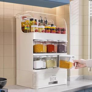 Dustproof Kitchen Spice Rack Storage Organizer Multi Functional Condiment Holder Shelf Plastic Material for above Cabinet Use