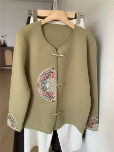 Fashionable Knitted Woolen Coat for Middle-Aged Women V-Neck Loose Fit Thickened Autumn New Style Chinese National Style