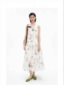 Tencel Blend French Style Puppy Print U-Neck Dress