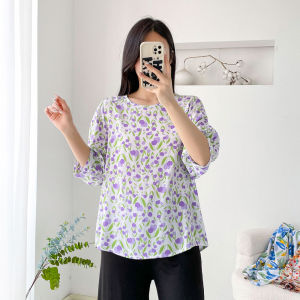 เสื้อยืด Pure ผ้าฝ้าย ผ้าไหม ผู้หญิง ฤดูร้อน รูปแบบใหม่ พลัสไซส์ แขนสามส่วน ลายดอก พรางหุ่น ประดิษฐ์ ผ้าฝ้าย แขนสั้น เสื้อท่อนบน