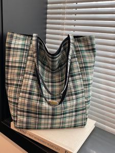 Double-Sided Plaid Canvas Tote Bag Womens Large Capacity Shopping Bag Lazy Style Commute Single Shoulder Tote Bag