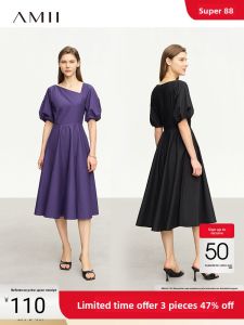 Amii Summer French Style Midi Dress Womens Cotton Gathered Sleeve V-Neck A-Line Black Dress Midi Skirt Hepburn Style Short Sleeve