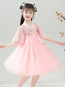 Princess Style Childrens Qipao Dress Summer New Arrival Girls Hanfu Skirt Short Sleeve Floral Print Polyester Fabric Dress
