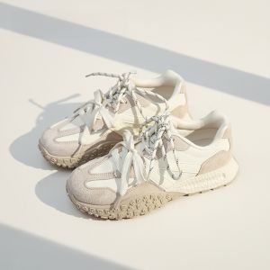 LANKAMO | Lightweight Retro Genuine Leather Womens Running Shoes Dequn Cross Lace-Up Korean Style Synthetic Fabric And Mesh Inner