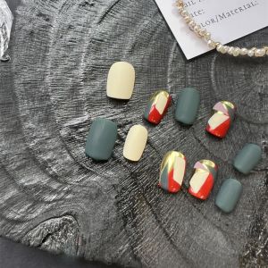HESASA Pure Handmade Wearable Nail Art Design Color Block Artistic Grid Pattern Matte Mirror Finish False Nails Extensions