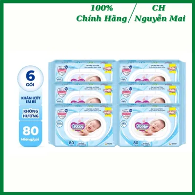 Combo 6 Gói Khăn Ướt Bobby Care Không Mùi - 80 tờ/gói (Xanh)