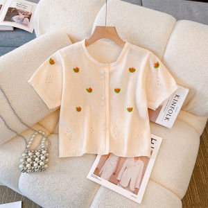 เสื้อถักลายดอกทานตะวันสั้นผู้หญิงฤดูร้อนใหม่ดีไซน์บางสไตล์ญี่ปุ่น เสื้อคาร์ดิแกนเปิดคอตั้งแขนสั้นแบบลำลอง