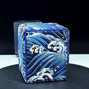 Japanese Style Blue Wave Woven Brocade Deck Box Can Hold 120 + Single sleeved Cards Magnetic Closure for TCG Card Storage