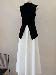 Summer Outfit Korean Style High Waist A-Line Skirt And Top Set Womens Sleeveless Split Cold Shoulder Two-Piece Ensemble