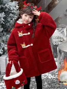 Girls Fleece Lined Thickened Winter Jacket Lamb Fur Sweatshirt Children New Year Visit Clothes Casual Style Hooded Coat