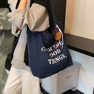 koreafashionshop(KR2246) กระเป๋าผ้ายีนส์สะพายไหล่ GOOD THINGS. ใบใหญ่ใส่หนังสือได้