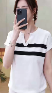 Korean Minimalist V-Neck Striped T-Shirt For Women Summer Casual Elegant Top L2300