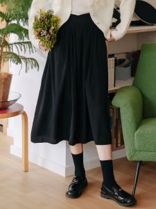 MUTU | Mutefu French High Waist Midi A-Line Skirt Womens Small Size Black Pleated Mini Skirt Commute Elegant Style Polyester Fiber