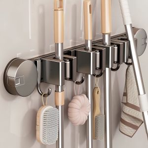 Broom Holder Wall Mounted Suction Cup Bathroom Storage Organizer No Drilling Required Hooks for Cleaning Tools And Accessories