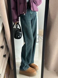 กางเกงยีนส์ทรงตรงเอวสูงยาวพิเศษสำหรับผู้หญิง กางเกงขายาวทรงหลวมสำหรับฤดูใบไม้ร่วงและฤดูหนาว กางเกงยีนส์ทรงสลิมฟิต