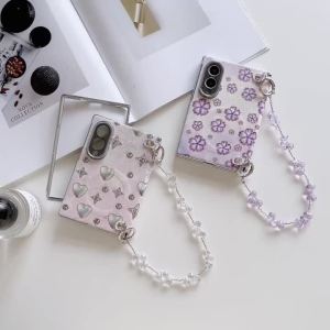 szhaiyu | New For Samsung Galaxy Z Fold 8 Fold8 Wide Case With Flowers Pattern For Magsfae With Hinge Pearl Wirst Shockproof Back Cover