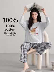 MiiOW | Pure Cotton Nightgown Womens Long Sleeve Home Clothes Set Outwear Cat Person Casual Style Round Neck Nightgown Home Clothes