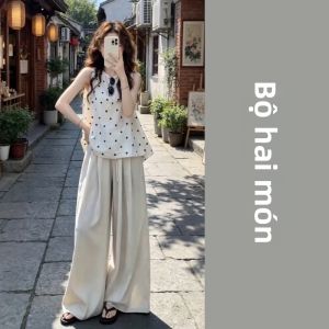NIUVIES | Bộ Áo Không Tay Chấm Bi và Quần Dài Vải Lanh Thời Trang Hàn Quốc